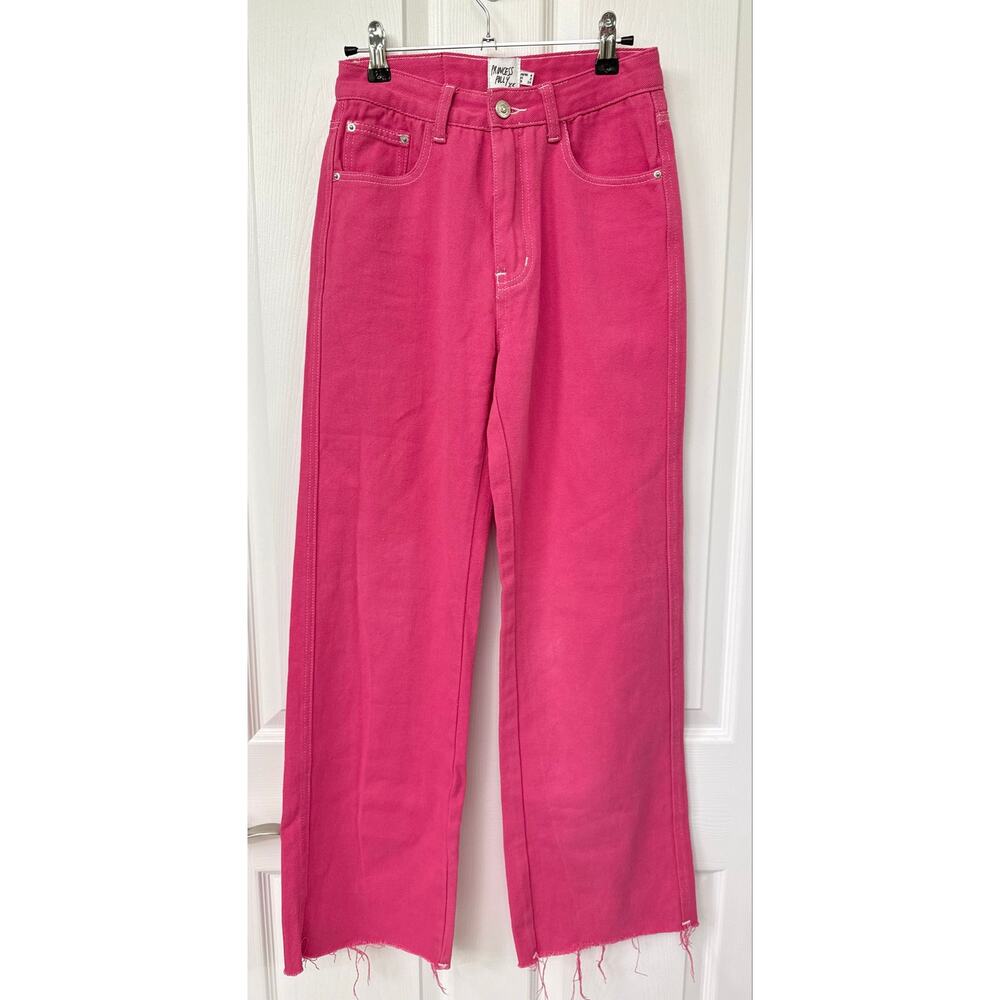 Princess Polly hot pink denim raw hem slight wide leg jeans size 2 XS high rise